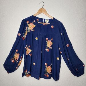 Anthropologie Fig and Flower Navy Blouse with Floral Embroidery Size Large